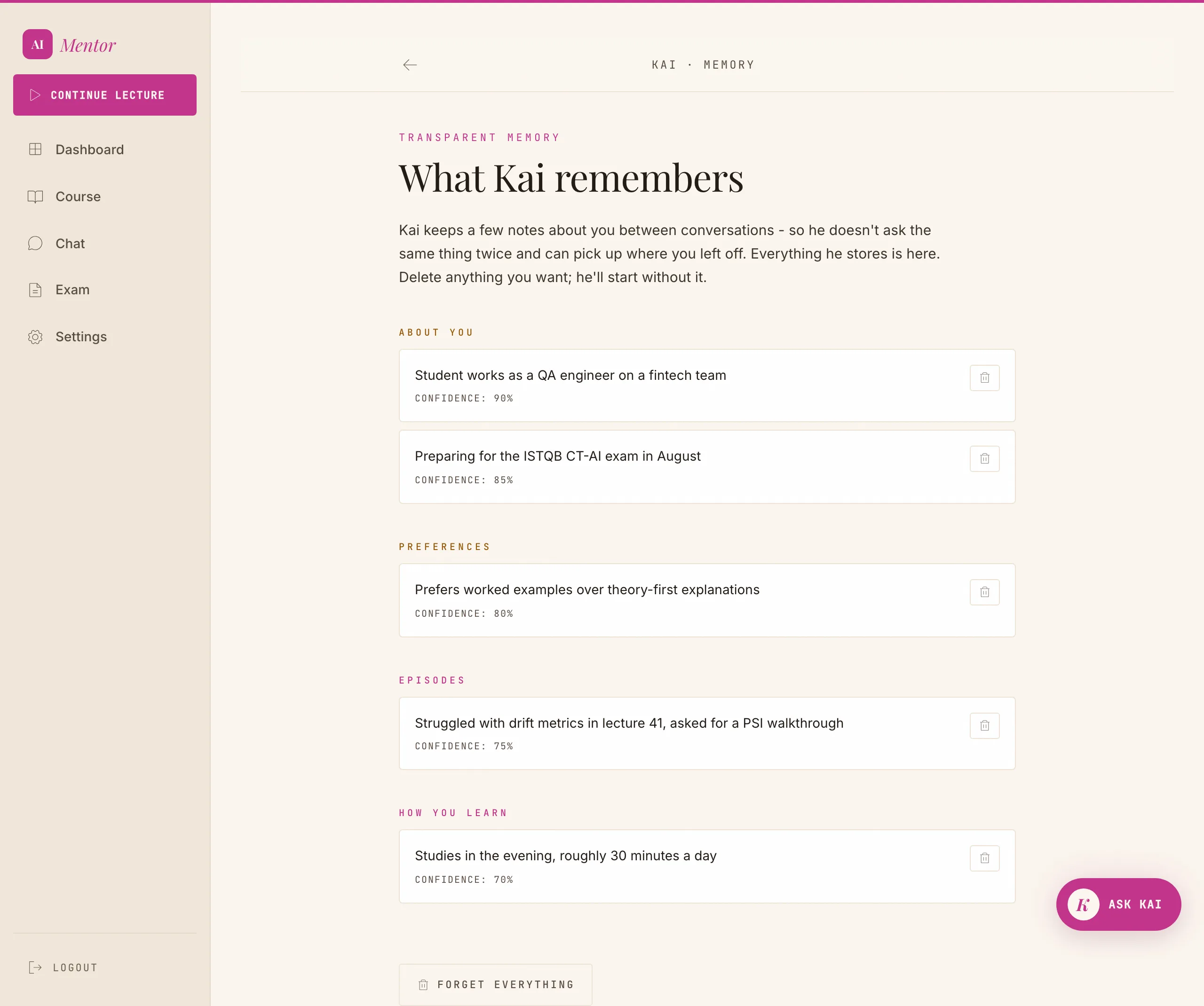 The "What Kai remembers" page: every memory Kai keeps about a student, each one deletable
