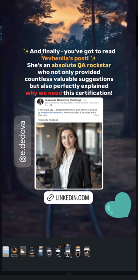 Yevheniia Nikiforova, LinkedIn post about CT-AI course